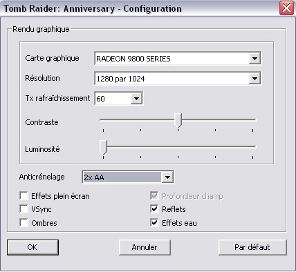 Menu de configuration de TRA