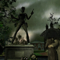 Statue érigée en la mémoire de Lara Croft en 2000 (capture d'écran de TR5)